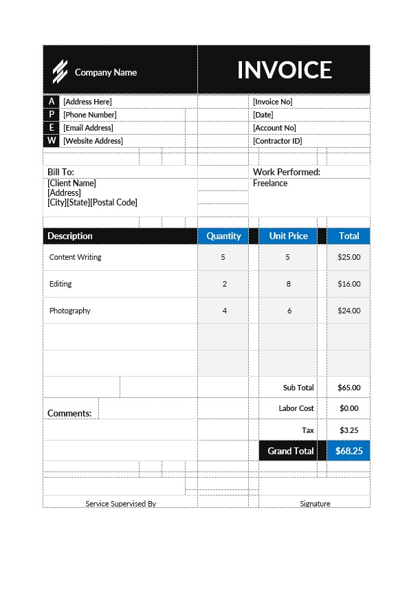 Self Employment Contractor Invoice Template PSD template